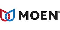 The moen logo is red , blue and black and has a flower in the middle.