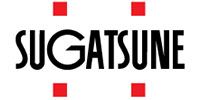 A logo for a company called sugatsune with red squares on a white background.