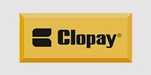 A yellow and black logo for clopay on a white background.