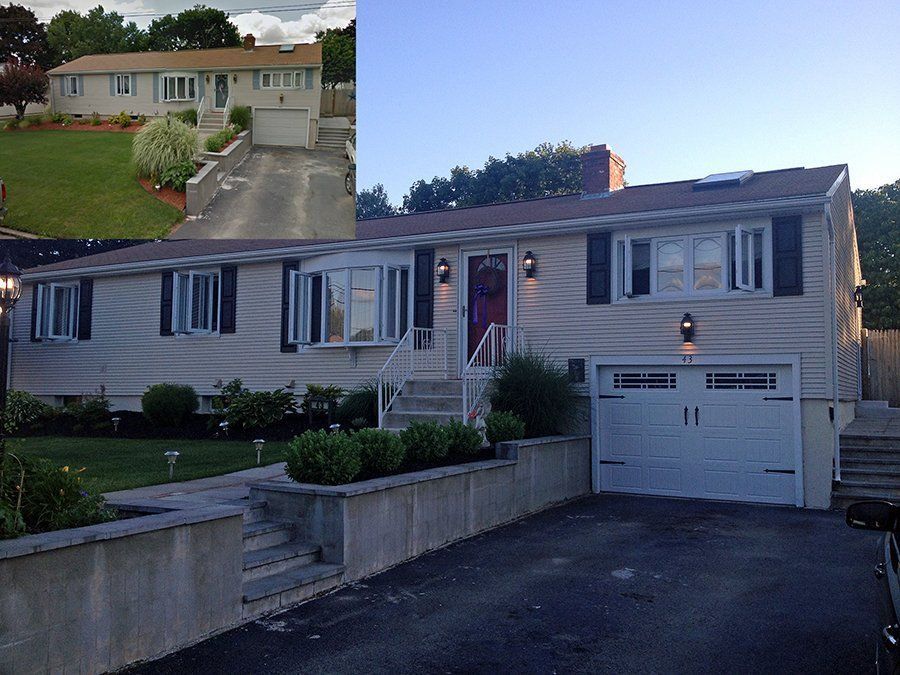 A before and after picture of a house with a garage door