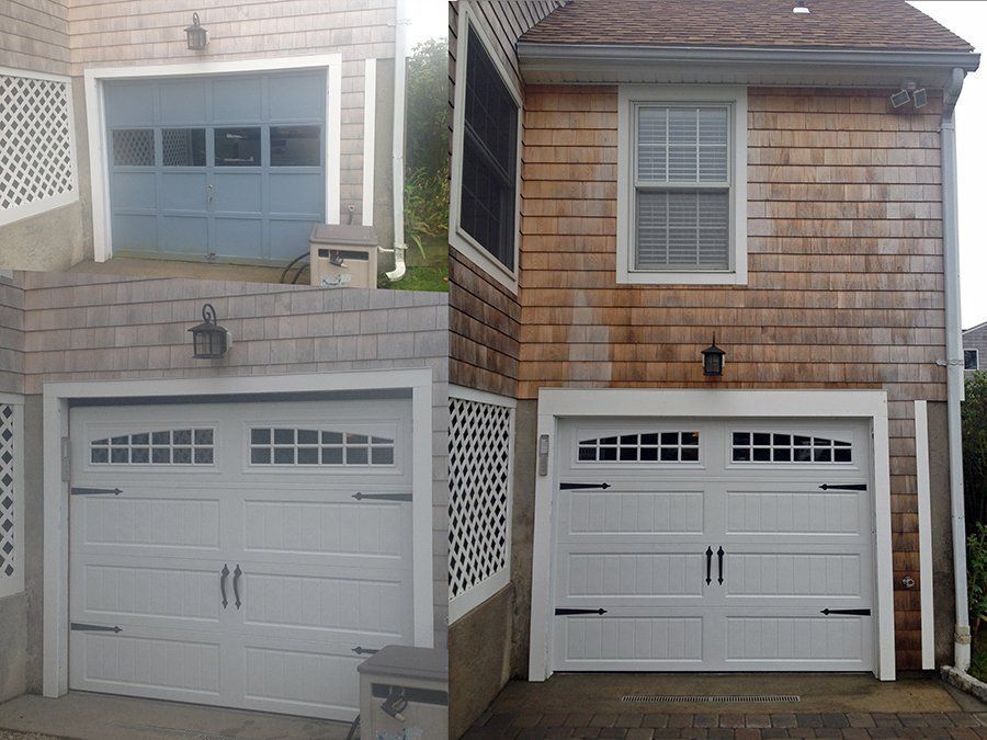 A before and after picture of a garage door