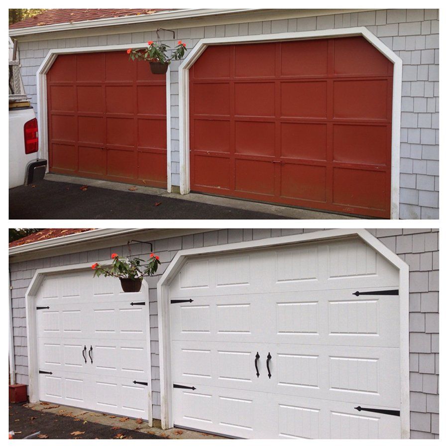 A before and after picture of a garage door