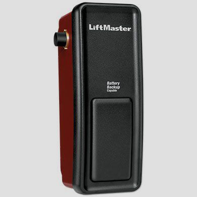 A black and red liftmaster garage door opener on a white background