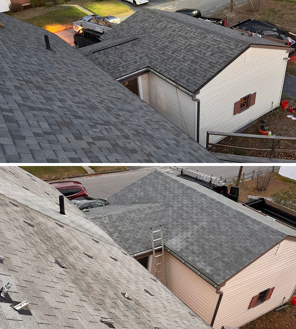 A before and after picture of a roof on a house.