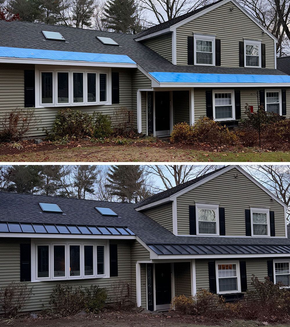 A before and after picture of a house with a new roof.
