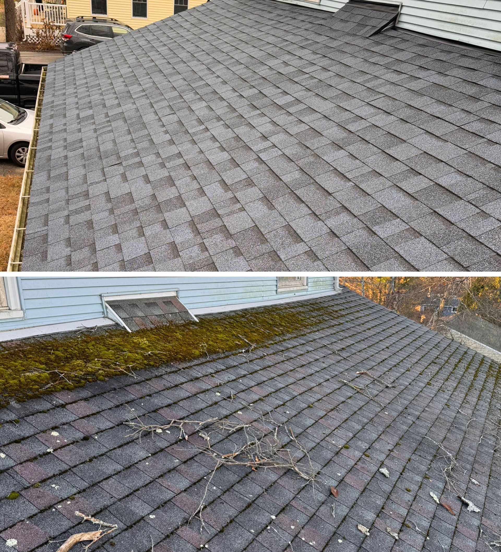 A before and after picture of a roof with moss on it.