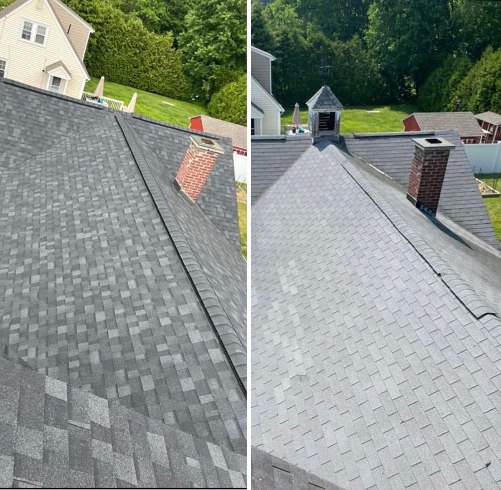 A before and after picture of a roof with a chimney.