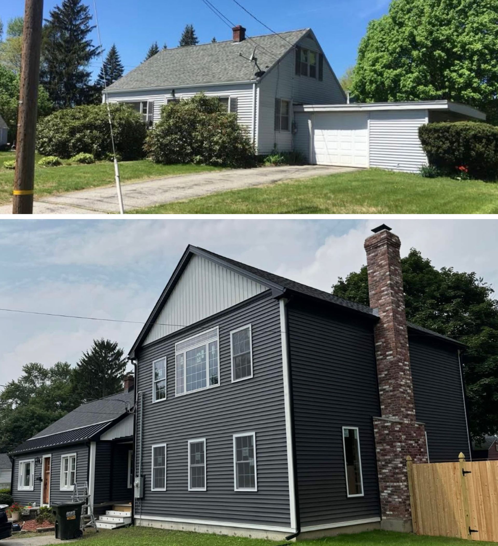 A before and after photo of a house