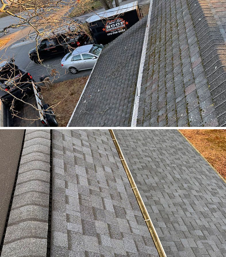A roof with a lot of shingles and a truck parked on the side of it.