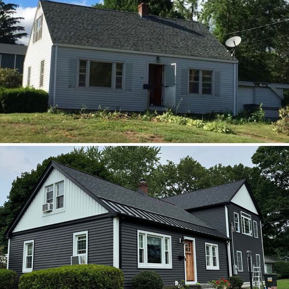 A before and after picture of a house with a black roof