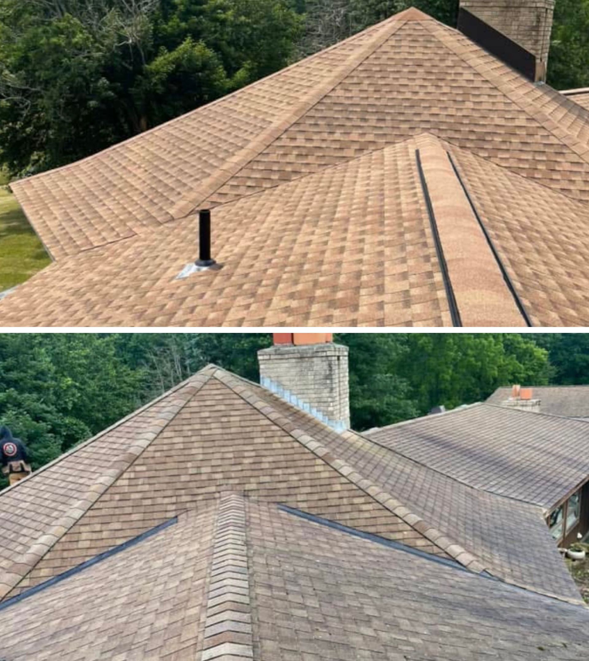 A before and after picture of a roof with a chimney.