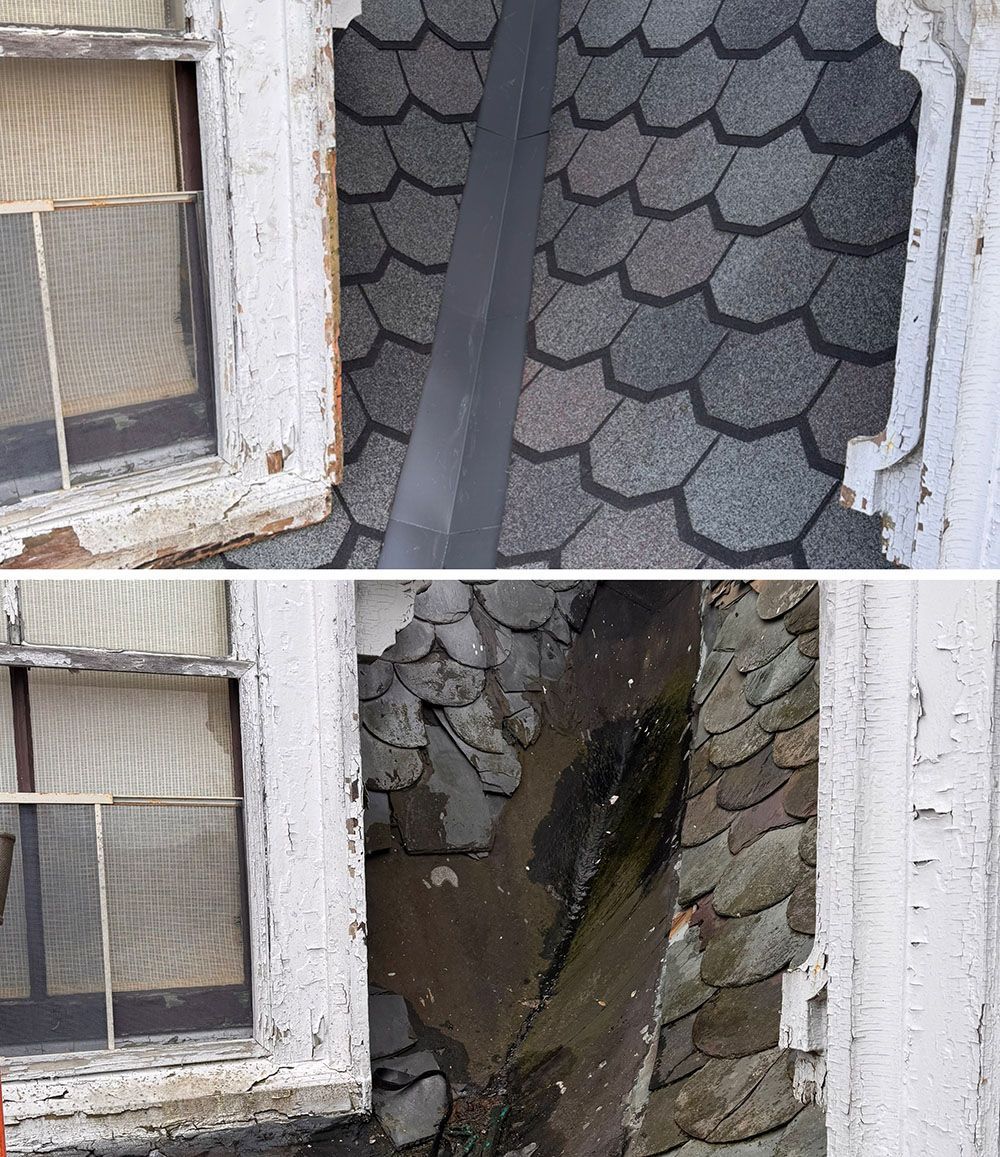 A before and after picture of a window and a roof