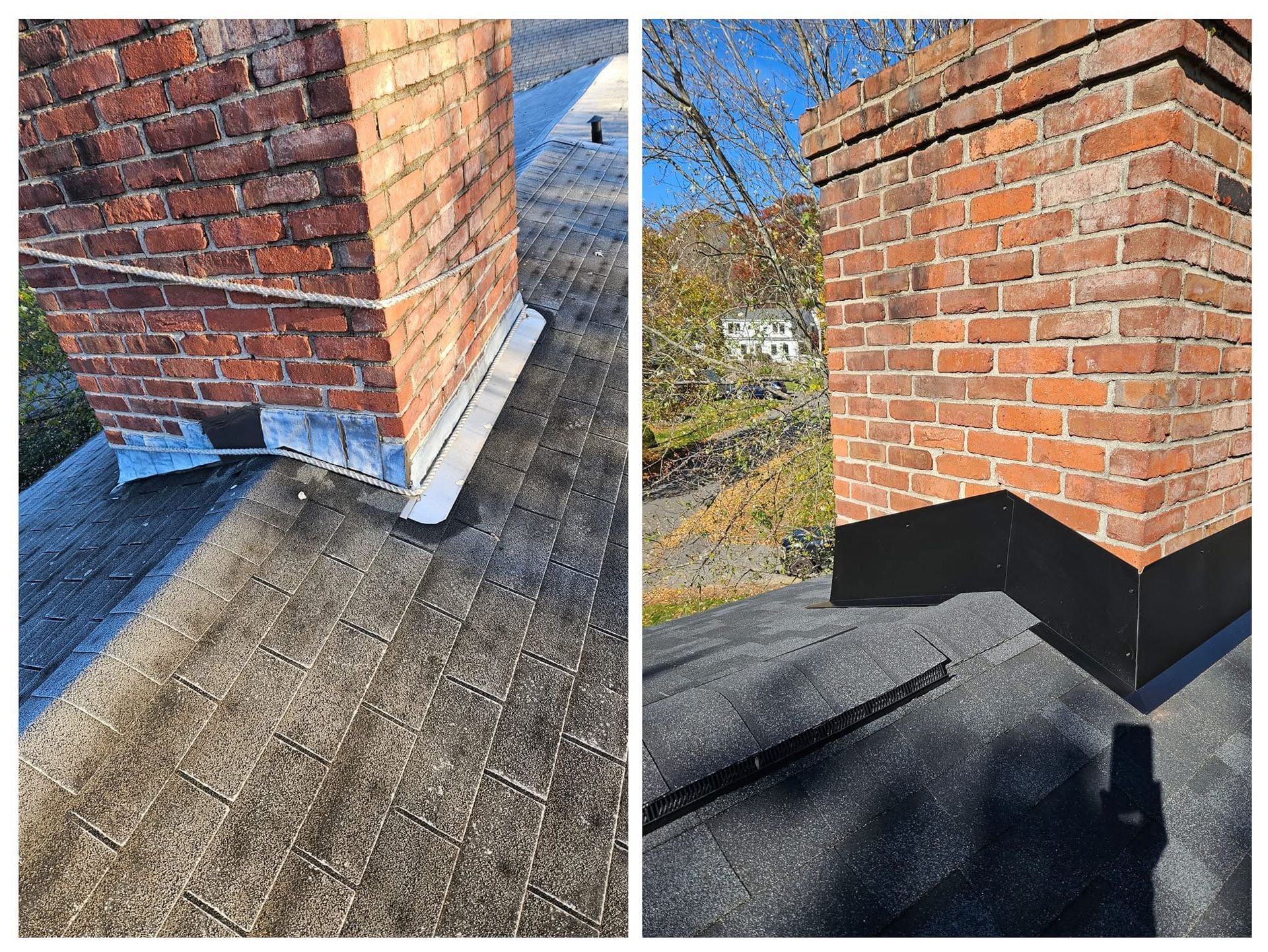 A before and after picture of a brick chimney on a roof.