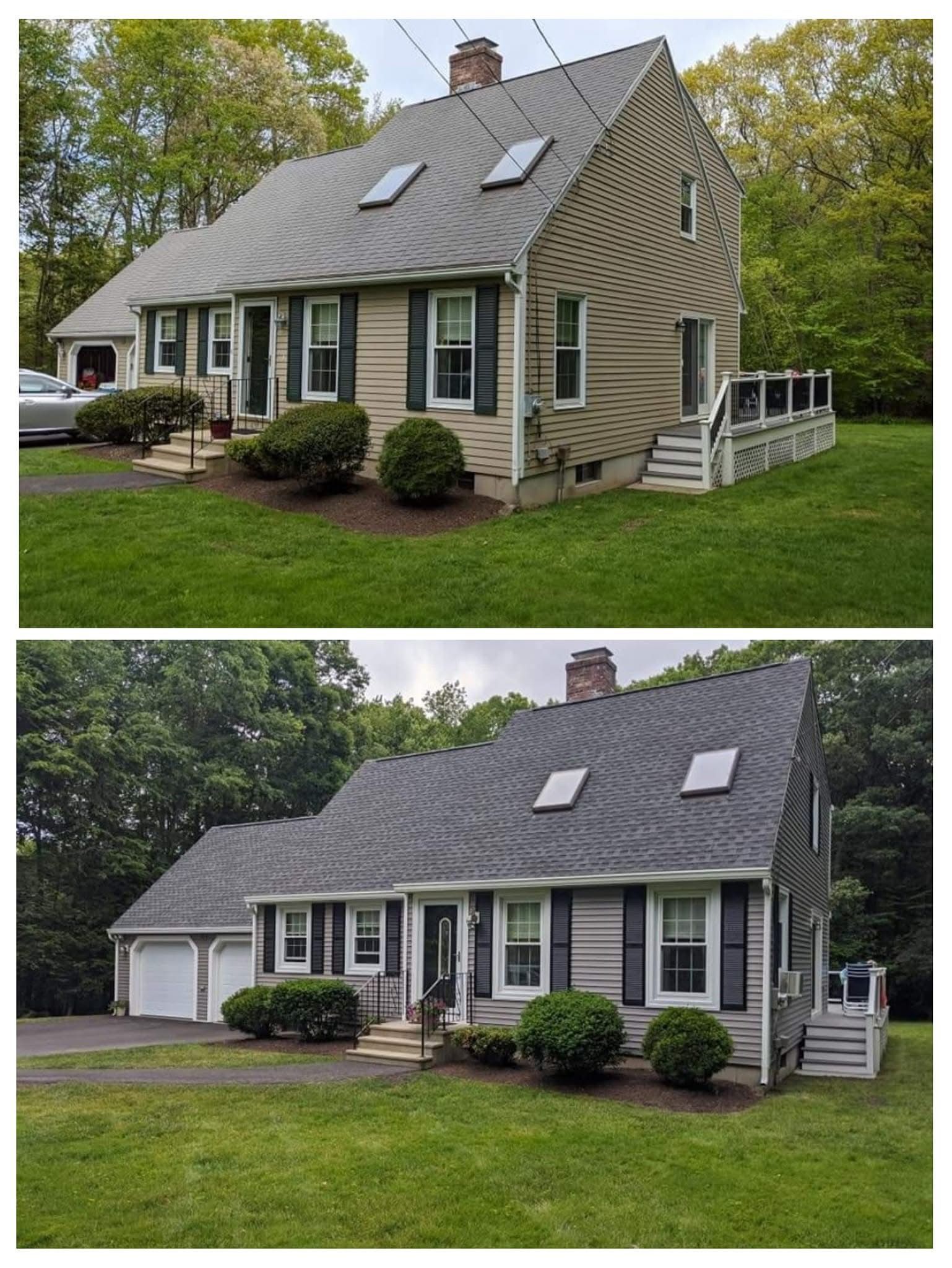 A before and after picture of a house with a new roof.