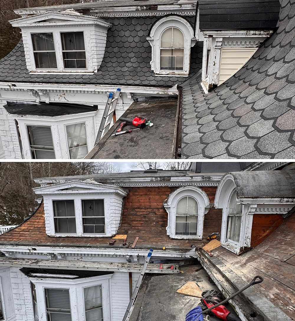 A before and after picture of a roof of a house