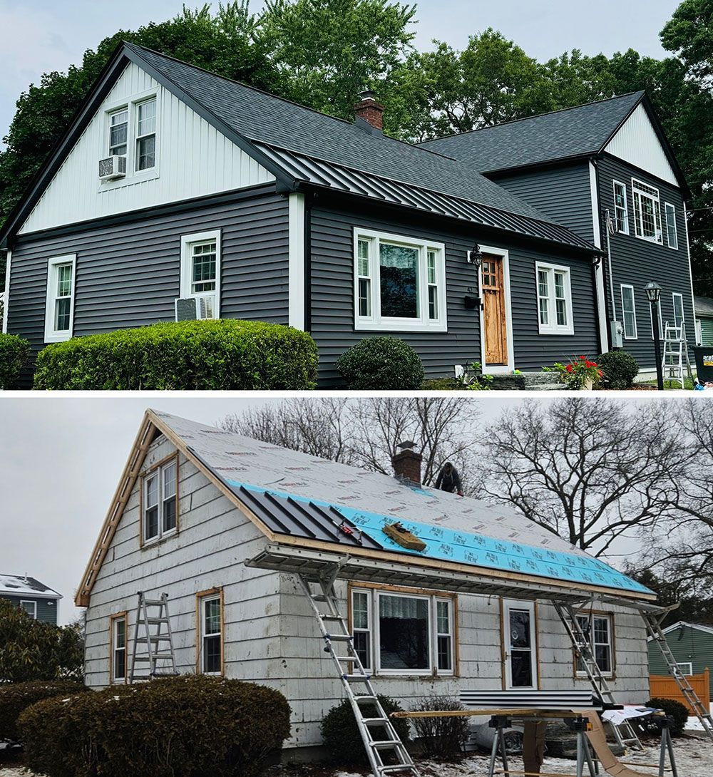 A before and after picture of a house being remodeled.