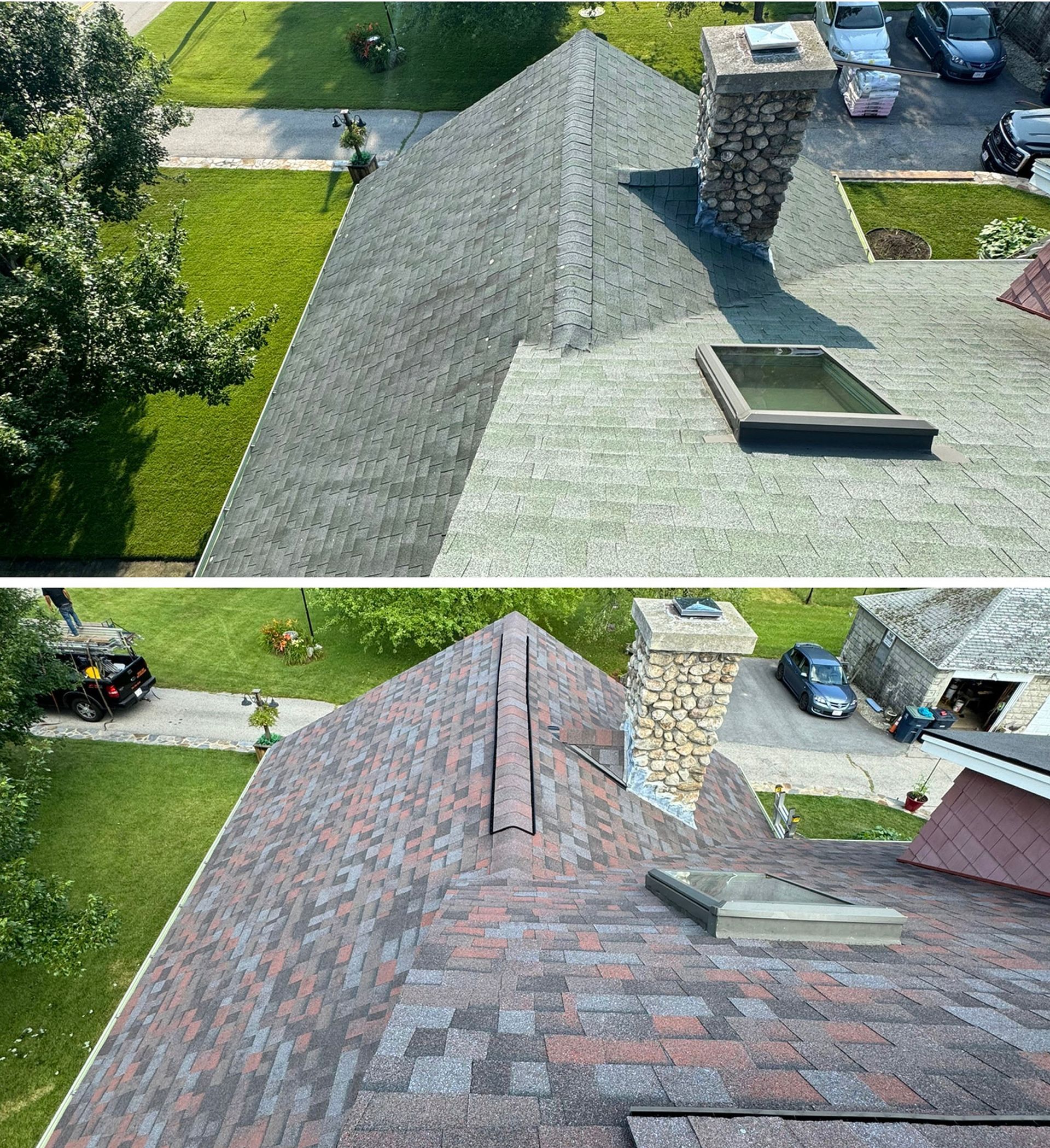 A before and after picture of a roof with a chimney.