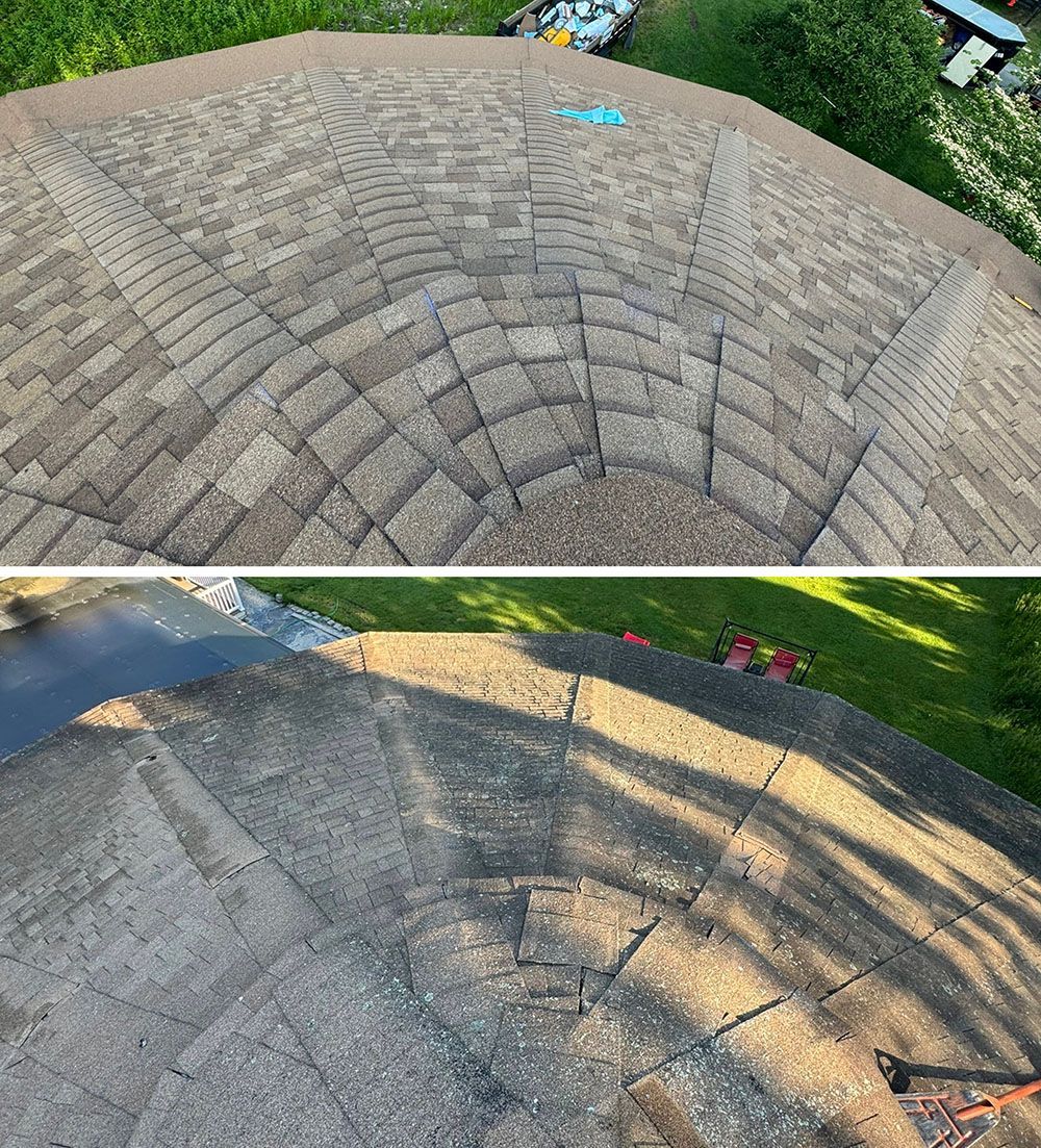 A before and after picture of a roof being cleaned.