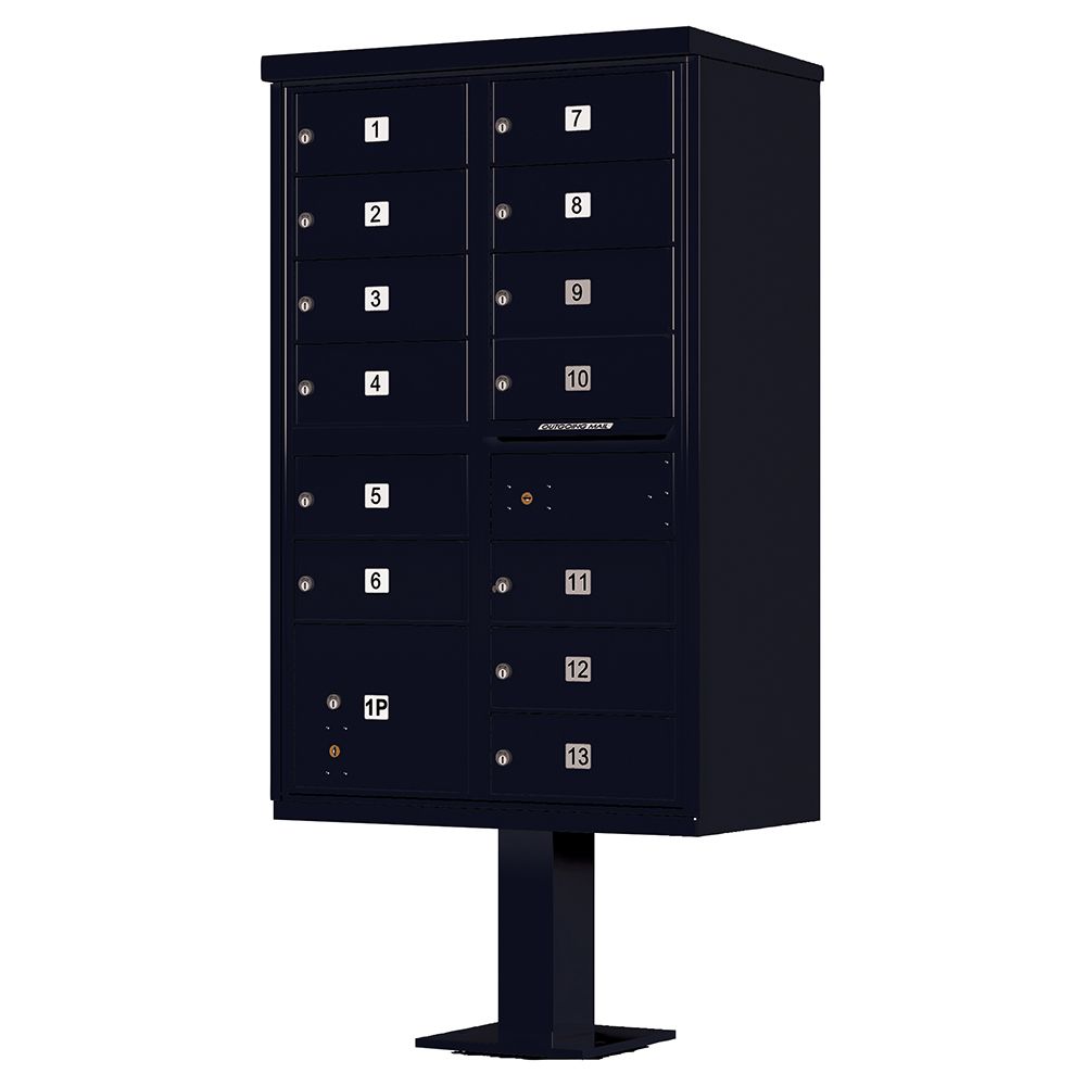Black wall-mounted locker cabinet with multiple small compartment doors on a pedestal stand