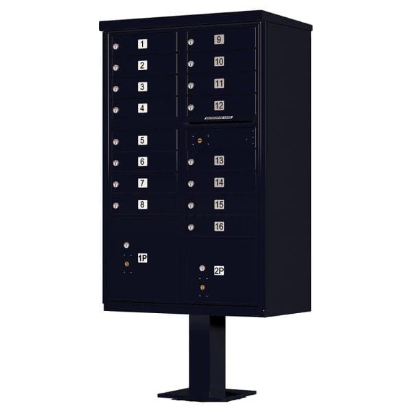 Dark blue utility cabinet mounted on a pedestal stand