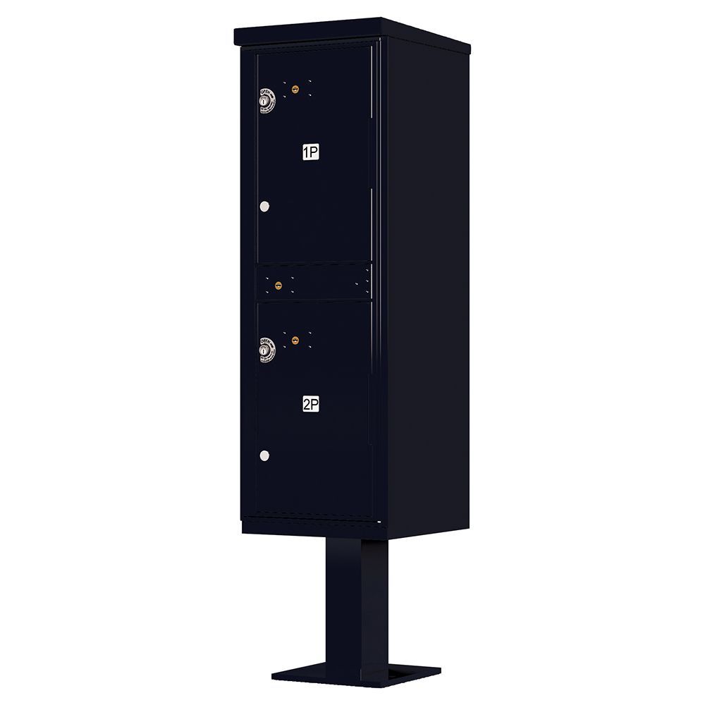 Tall black outdoor electrical cabinet on a pedestal stand with two front access doors