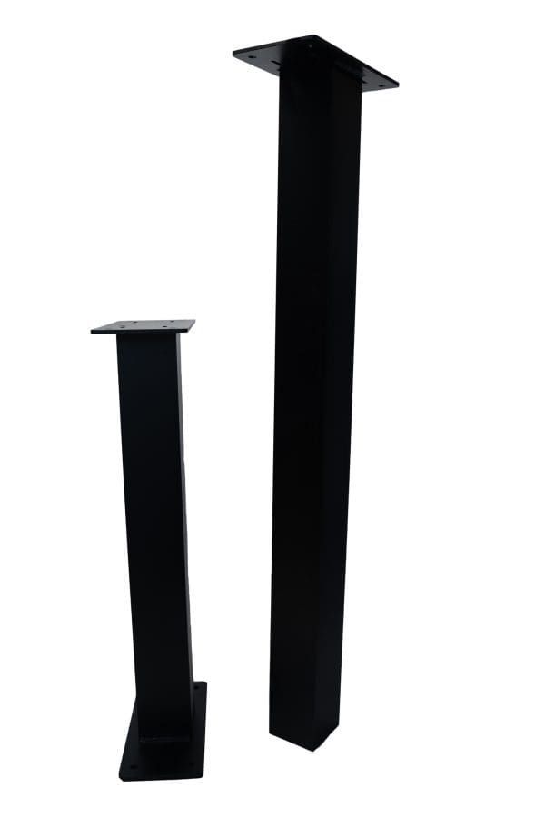 Two black rectangular post stands, one tall and one short, on a white background