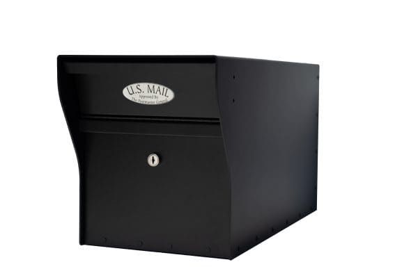 Black U.S. Mail mailbox with a front door and oval logo, shown against a white background
