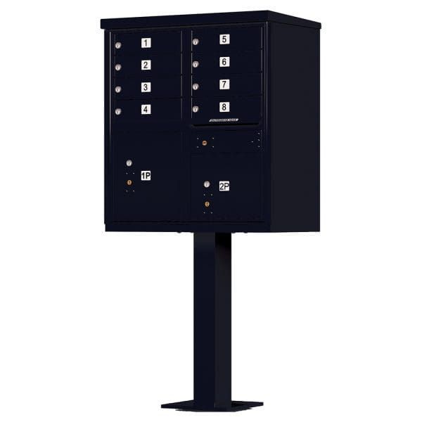 Dark blue outdoor payment kiosk with multiple buttons on a pedestal stand