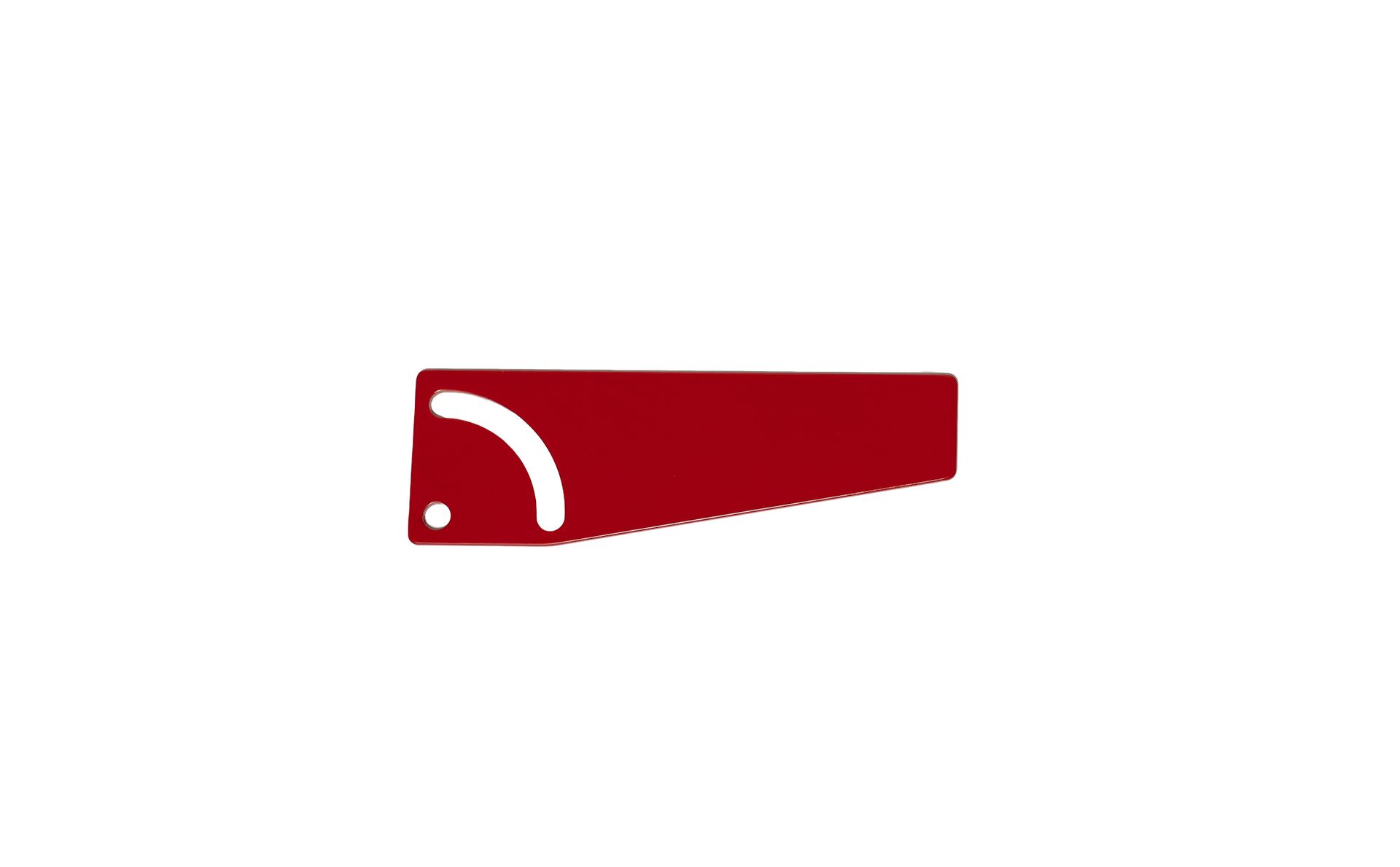 Red handheld tool with a white curved marking on a white background