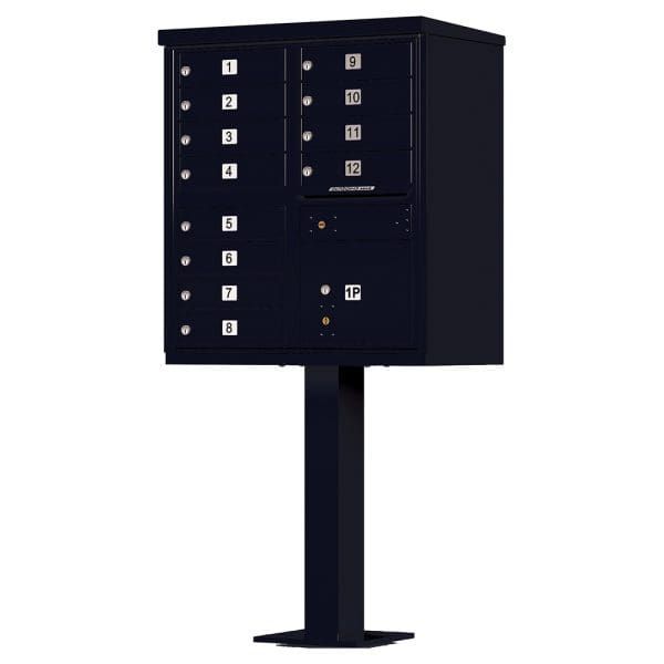Black apartment mailboxes on a pedestal stand, isolated on white background
