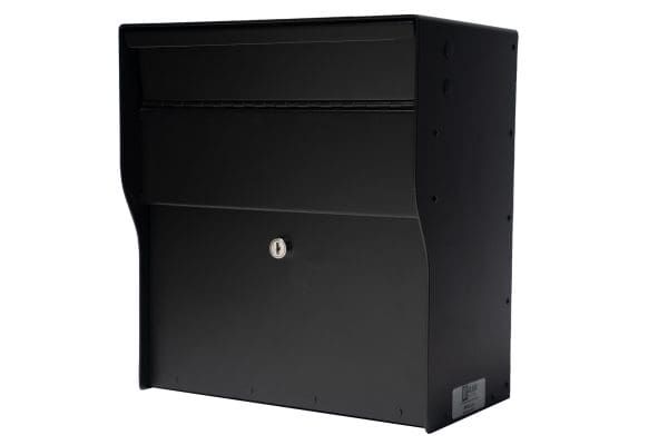 Black rectangular metal mailbox or drop box with a front lock, isolated on a white background