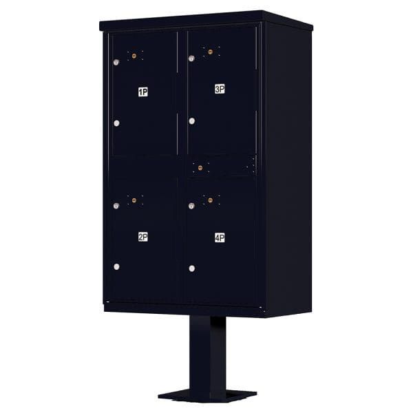 Dark blue utility cabinet mounted on a pedestal stand