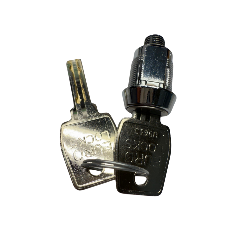 Two metal keys with black plastic heads on a white background