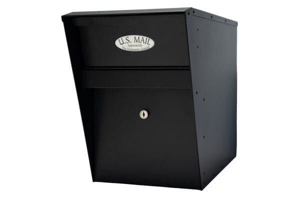 Black U.S. Mail mailbox with front door and side panel