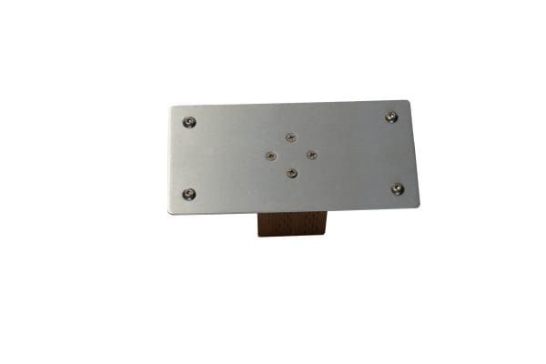 Silver metal rectangular plate with screws and a small brown bracket underneath on a white background