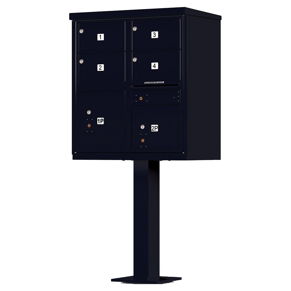 Black roadside parcel locker on a pedestal, with multiple compartment doors and labels.