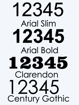 Font samples showing “12345” in Arial Slim, Arial Bold, Clarendon, and Century Gothic.