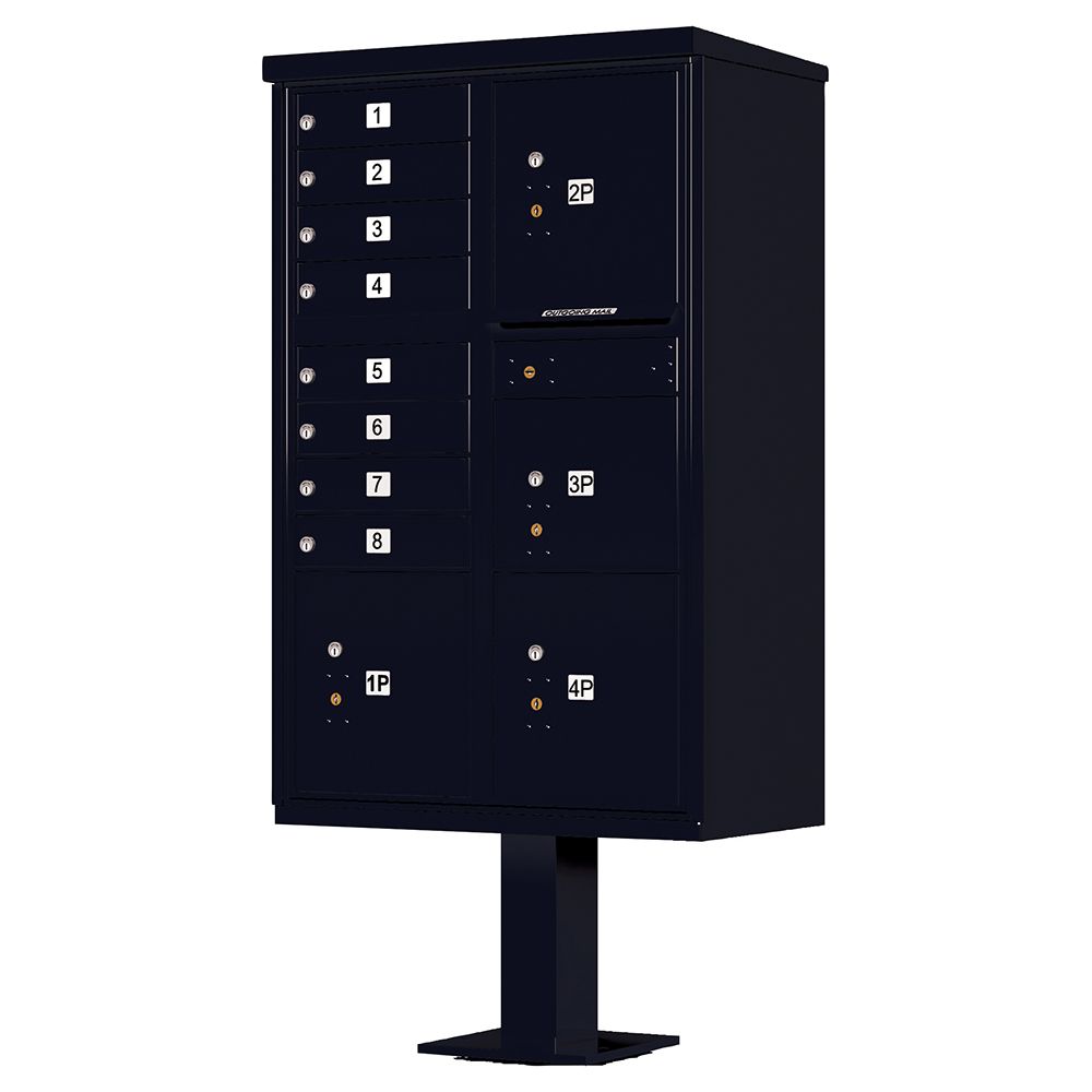 Black outdoor mailbox cluster on a pedestal stand with multiple compartments and numbered slots