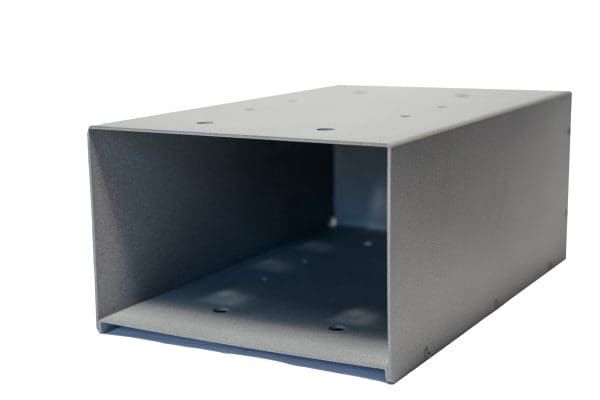 Dark gray metal rectangular duct or box with an open front on a white background