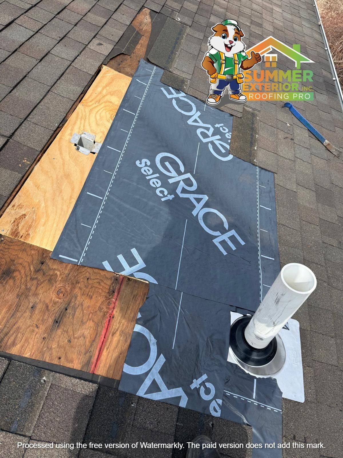 A rooftop under repair showing new plywood decking, Grace Select underlayment, and a white plumbing vent pipe.