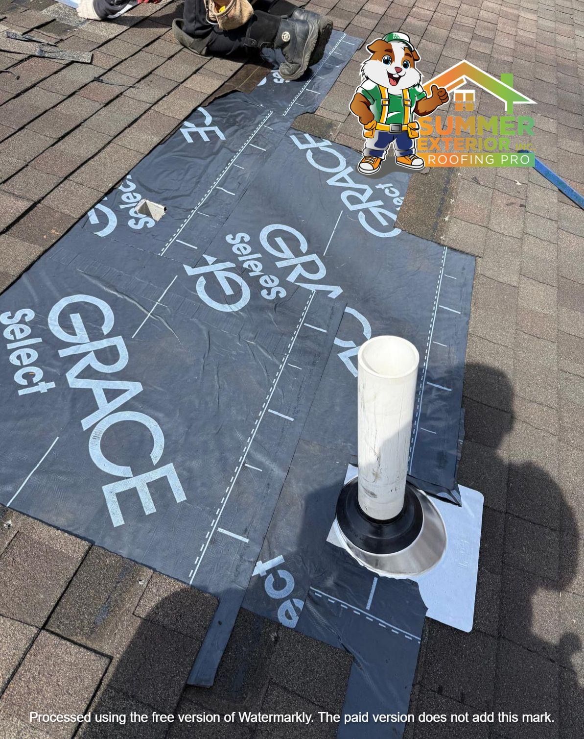 Roofing installation with Grace Select underlayment, a white PVC pipe, and a roof boot flashing on asphalt shingles.