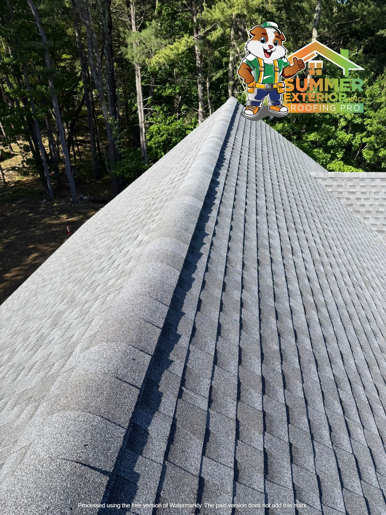 Riding a woven cable net ramp through a wooded park with a colorful summer event sign ahead