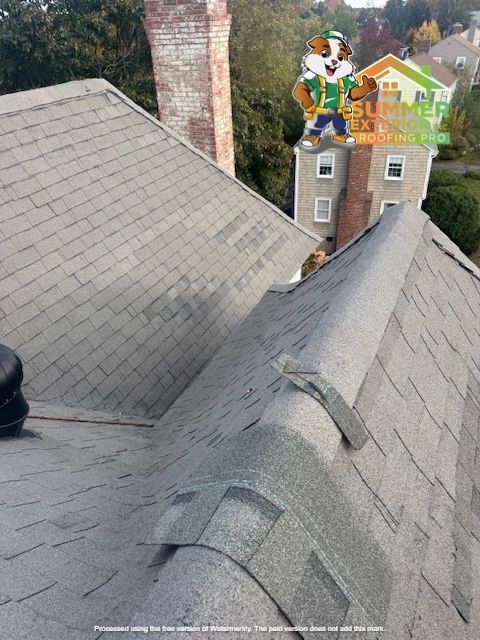 Close-up of a roof with weathered shingles, a chimney, and a cartoon mascot on a building in the background.