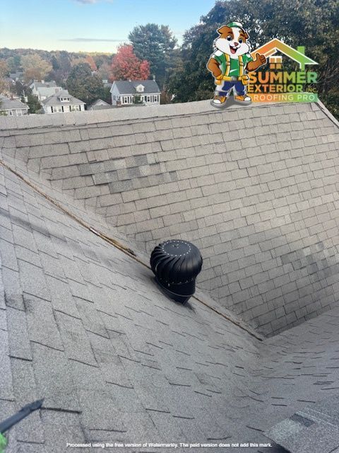 Roof with gray shingles, a roof vent, and a cartoon mascot from Summer Exterior.