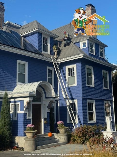 Blue house, roof repair. Workers on a ladder, logo of a dog in a hard hat at the top.