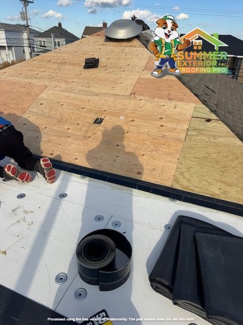 Roofing work in progress with new wood and black roofing materials. A cartoon dog is added for promotion.