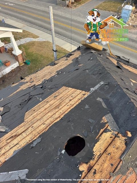 Damaged roof with hole, cartoon mascot, and street view.