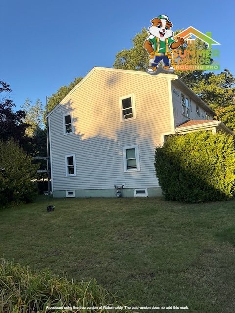 Beige-sided house with white window frames; lawn in front, trees in the background. A cartoon dog is on the roof.