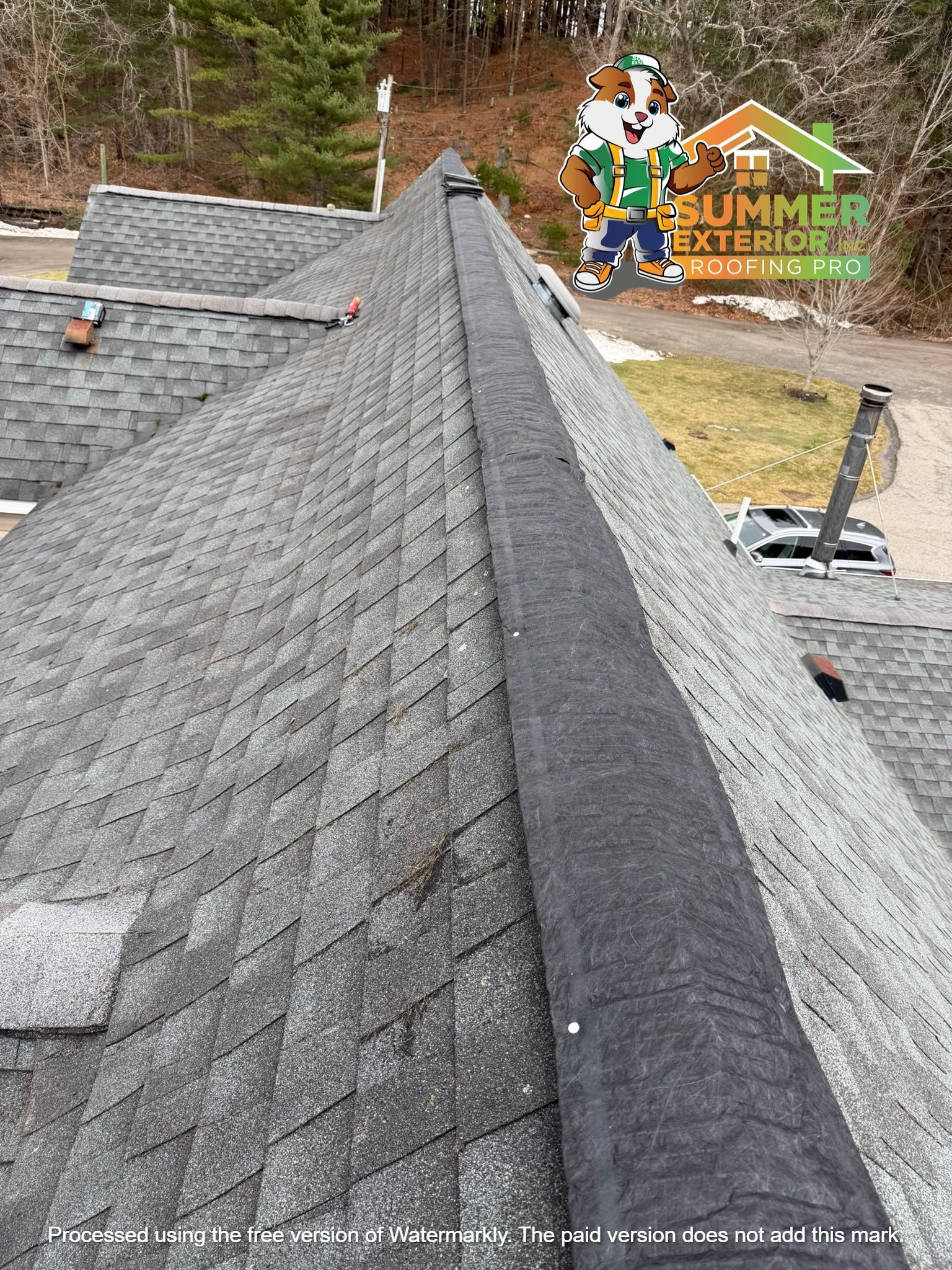 A high-angle view of a gray asphalt shingle roof with a prominent black ridge vent along the peak.