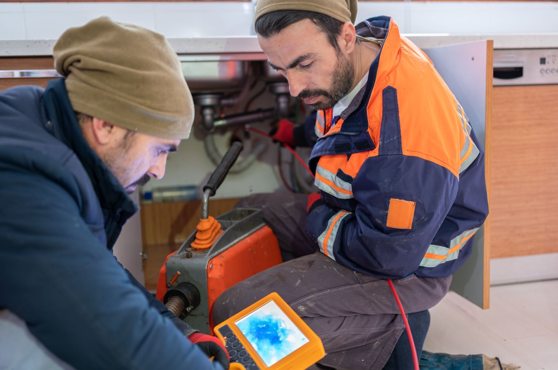 Two plumbers working under a sink, one looking at a monitor.